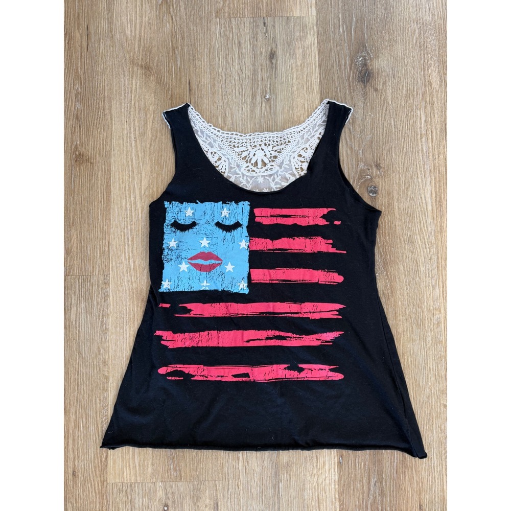 Love Always Tank Top Womens Small Black Lace Back American Flag Graphic USA Face